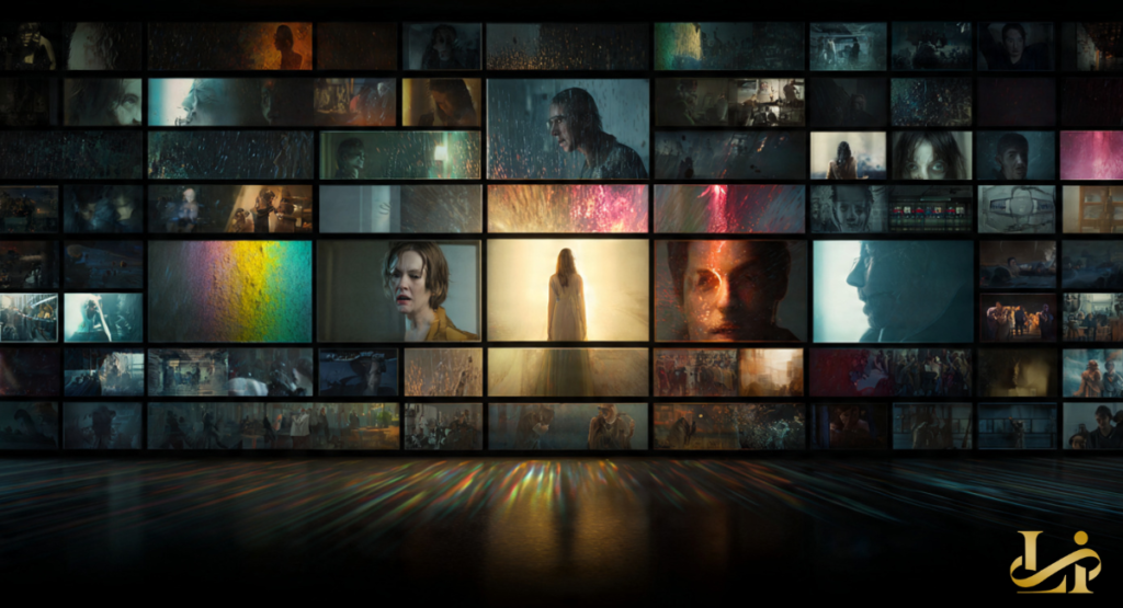 A wall of screens displays dozens of moody, colorful frames from the series, with rainbow light reflecting on the floor.
