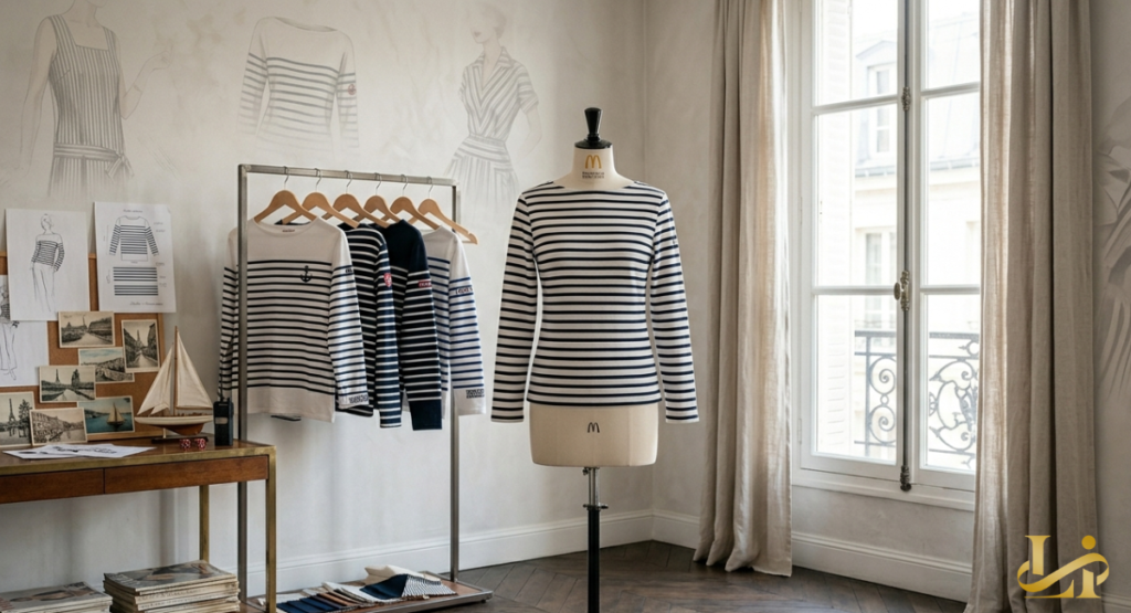 A sunlit Parisian atelier displays Breton tops on a rack and mannequin beside vintage sketches and photos, with a sailboat model and fabric swatches on the desk.