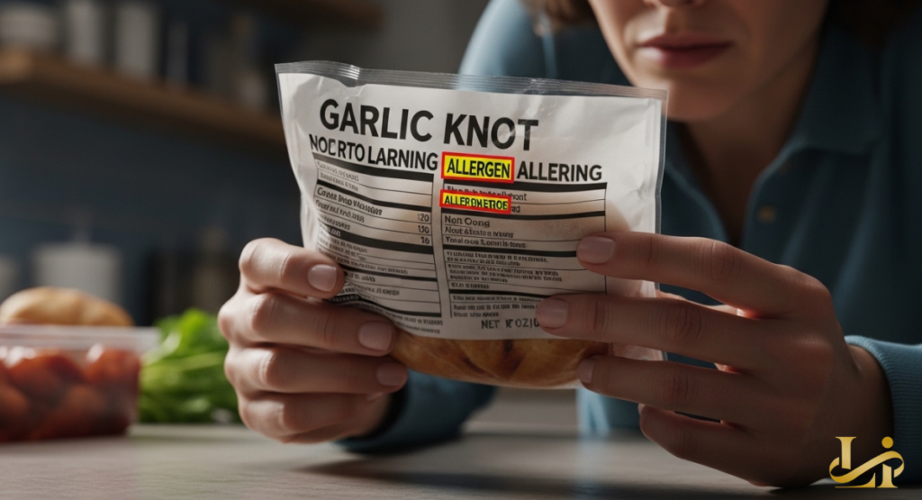 A close-up of a person’s hands holding a clear plastic food package and squinting to read the fine print. Yellow and red boxes highlight specific sections of the ingredient list where allergen warnings are missing.