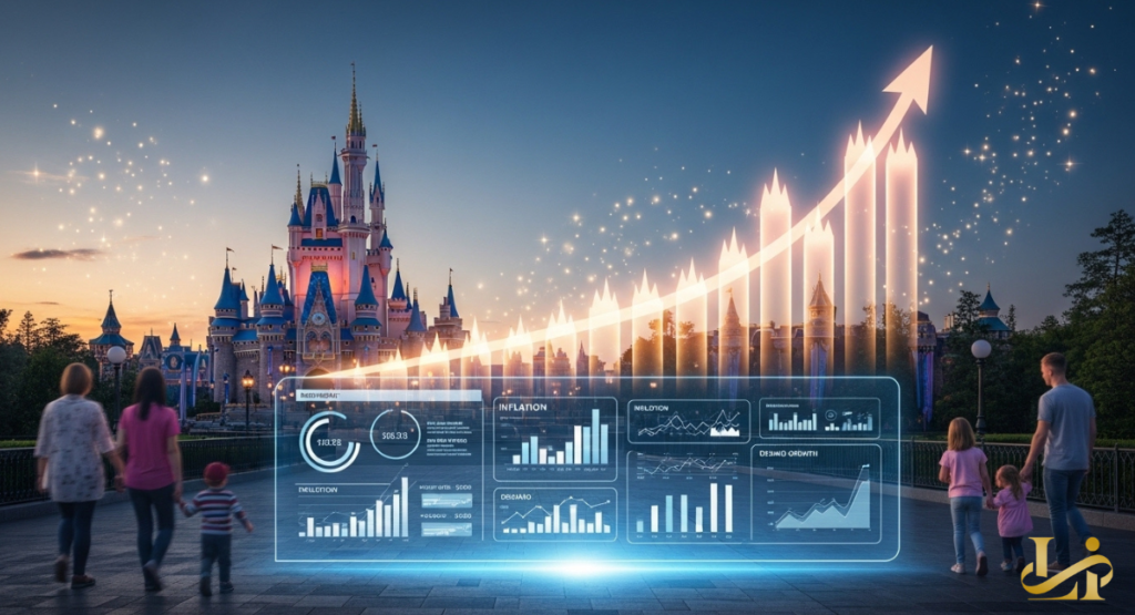 Luminous upward-trending bar chart shaped like castle turrets rises over a plaza as families walk toward the illuminated park icon at dusk.