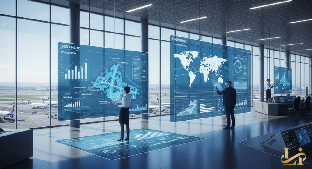 Engineers interact with holographic maps and capacity charts in a control room overlooking the airfield, visualizing growth forecasts and congestion relief strategies.