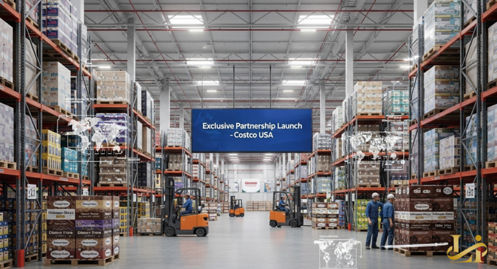 Forklifts move pallets of ice cream boxes through a massive warehouse under a banner reading “Exclusive Partnership Launch – Costco USA” with global logistics maps overlaid.