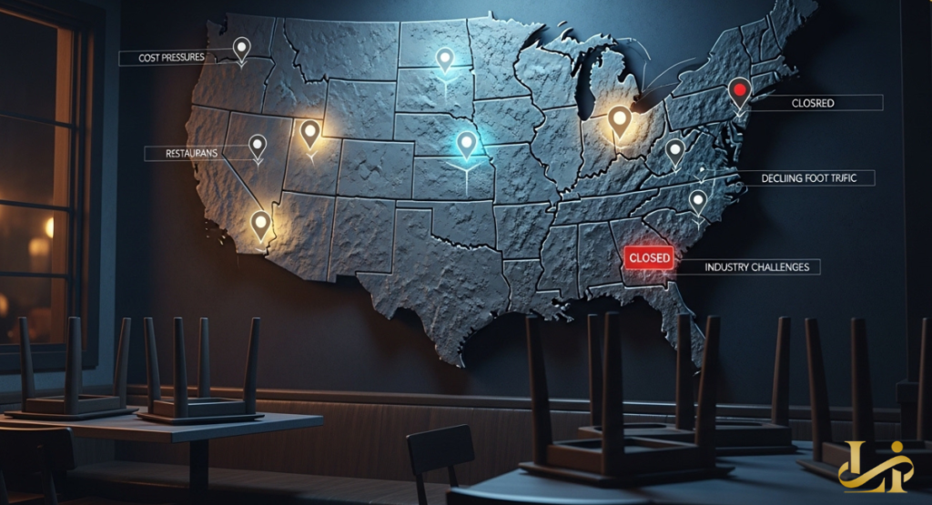 A U.S. map with glowing location pins marks “CLOSED” sites and labels for cost pressures and declining foot traffic.