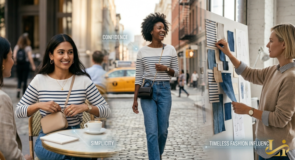 Women in Breton tops and jeans chat at a café, walk cobblestone streets, and pin fabric on a mood board, with overlay words “Confidence,” “Simplicity,” and “Timeless Fashion Influence.