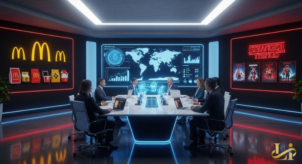 Executives meet around a futuristic conference table with McDonald’s arches and Stranger Things posters on the walls, as a world map and data dashboards show global streaming and sales overlap.
