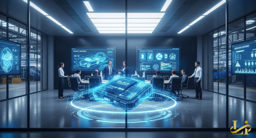 Executives meet in a glass-walled boardroom around a glowing hologram of a vehicle data module, with screens showing crash analytics and compliance charts.