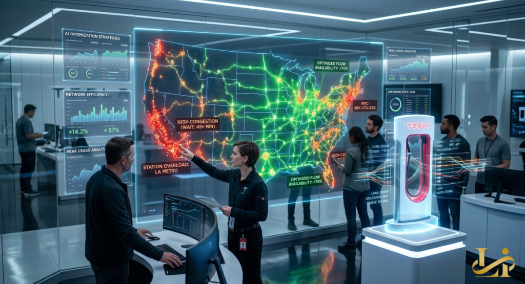 Engineers analyze US Supercharger congestion map with red hotspots in LA and NYC. Data dashboards show peak usage stats and AI optimization strategies in control room.