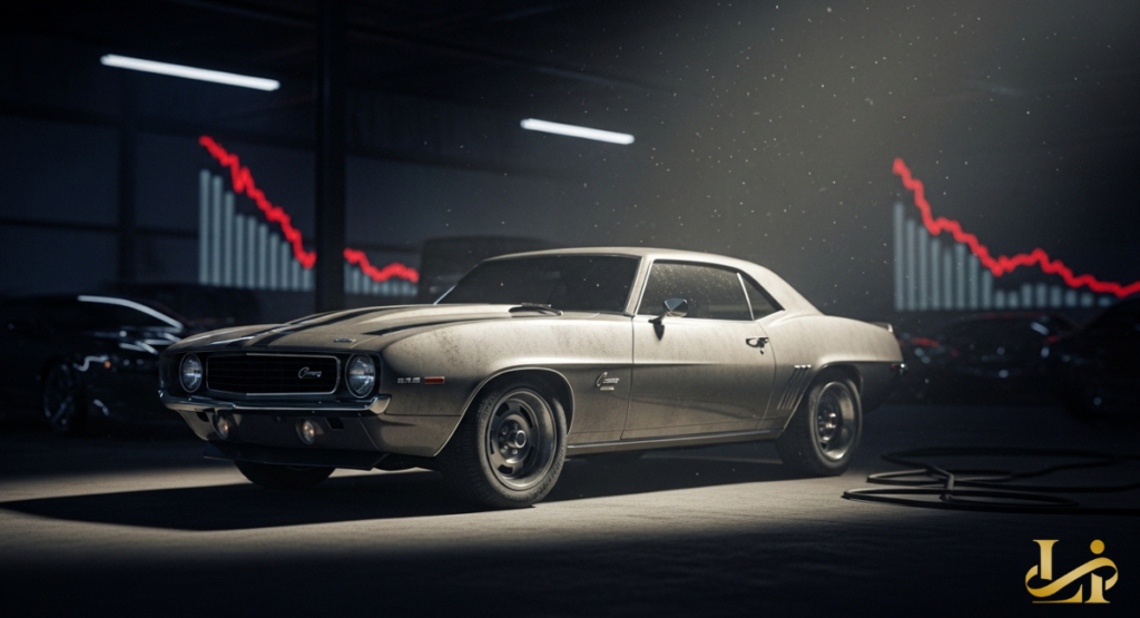 A vintage 1969 muscle car sits in a dimly lit garage while a glowing red financial chart in the background shows a downward trend.