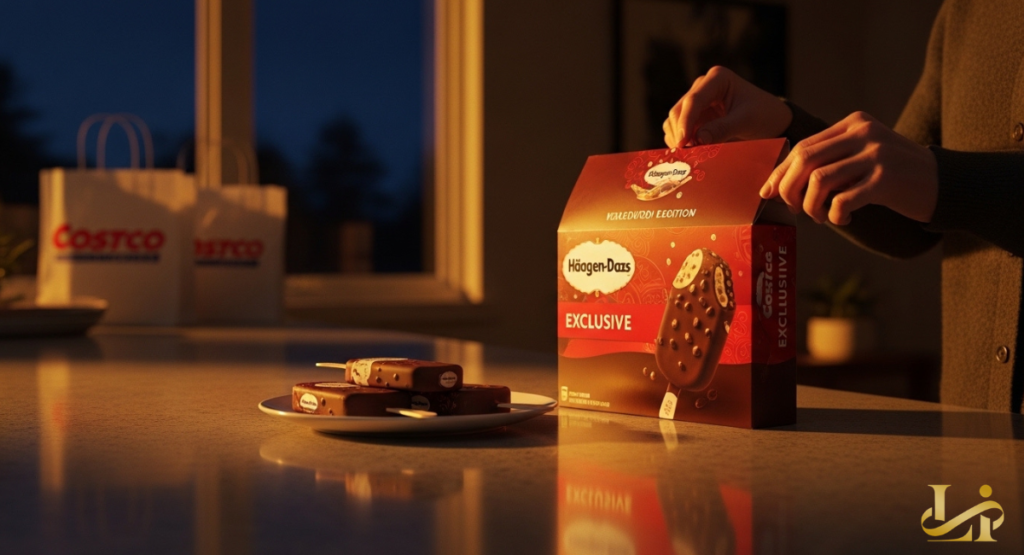 Hands open a red “EXCLUSIVE” box of mini bars on a kitchen counter at sunset with Costco bags in the background