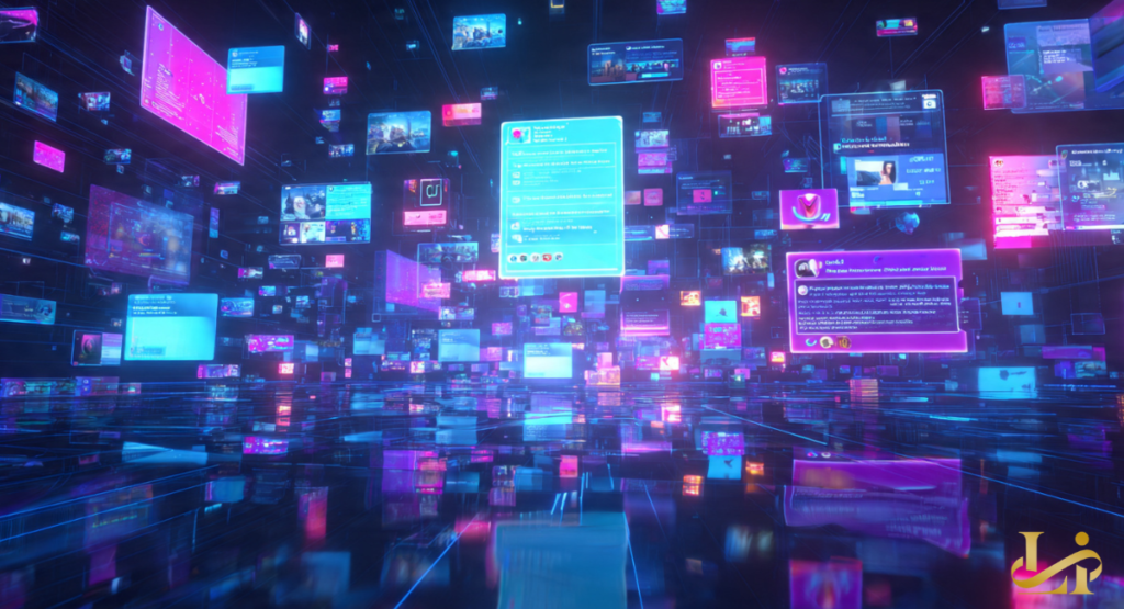 Hundreds of neon social media posts and tweets float in a 3D digital space, showing massive real-time engagement.