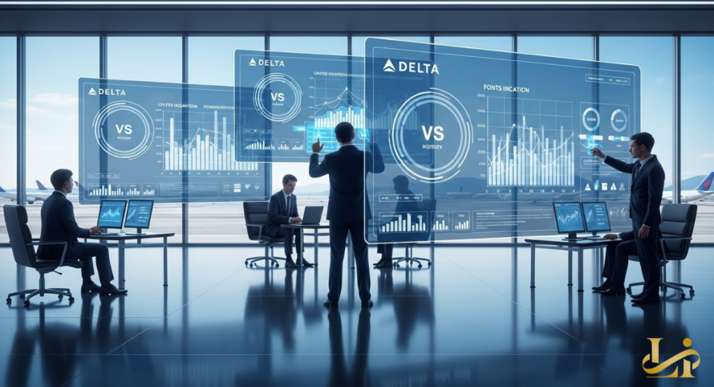 Executives analyze holographic charts comparing airline loyalty models and points inflation inside an airport conference room with jets visible through floor-to-ceiling windows.