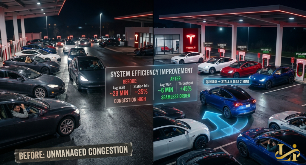 Split-screen showing chaotic unmanaged Supercharger line versus organized digital queue flow. Before/after graphic highlights wait time drop from 28 to 6 minutes with orderly stall access.