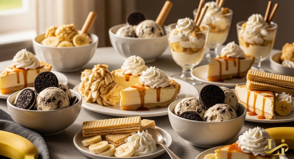Sunlit table covered with bowls of cookies-and-cream scoops, caramel cheesecake slices, banana parfaits, wafers, and fresh bananas for a dessert spread.