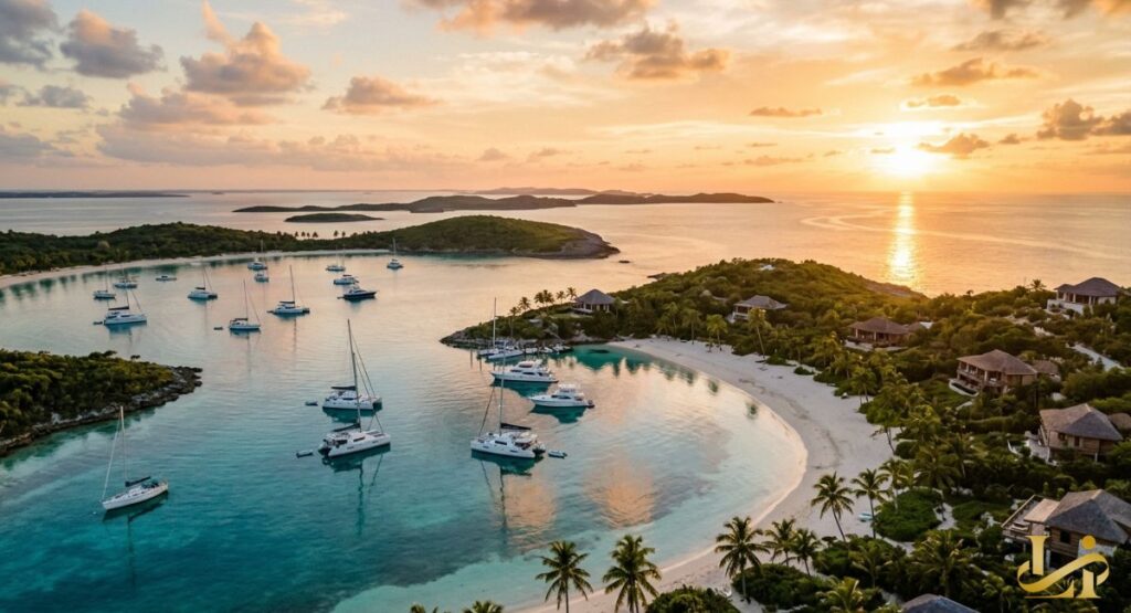 Aerial view of sailboats and catamarans anchored in a crescent bay at sunset near palm-lined villas. Golden light reflects off calm turquoise water as yachts dot the harbor between lush islands.