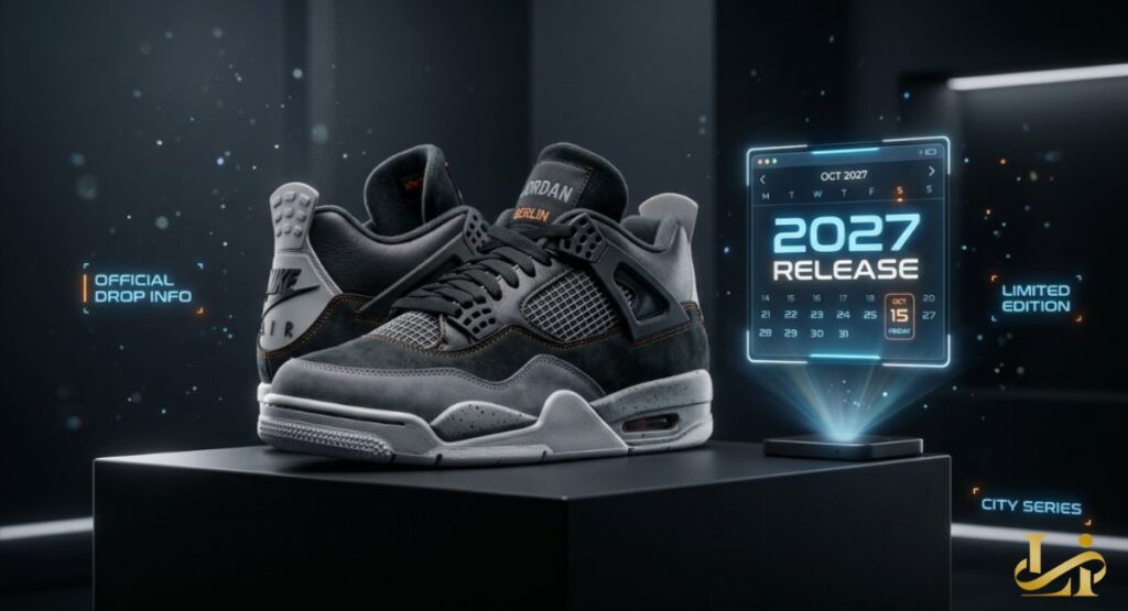 Gray and black Air Jordan 4 with orange “BERLIN” tongue tag displayed on a pedestal beside a 2027 release calendar.