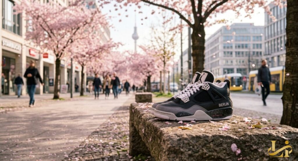 Black and gray Air Jordan 4 with “BERLIN” on the lateral side rests on a stone bench under cherry blossoms.