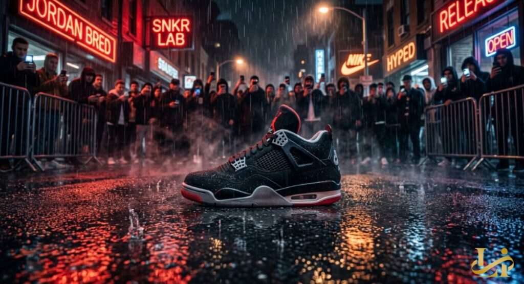 Black and red Air Jordan 4 Bred sits on a rain-soaked street as crowds gather behind barriers under neon signs.