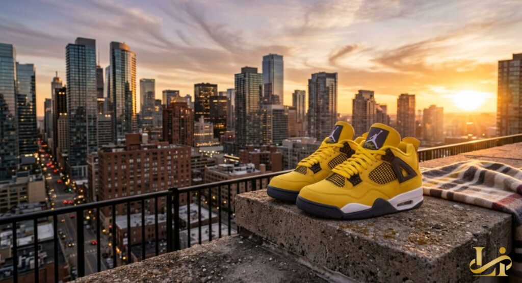 Bright yellow Air Jordan 4 with black and white accents sits on a rooftop ledge at golden hour. Chicago skyline glows in the background as sunset light hits the nubuck upper and mesh netting.
