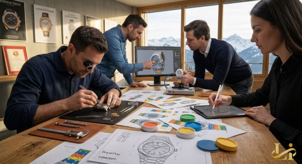 Designers in an Alpine studio assemble and sketch the new watch, with “Royal Pop CONCEPT” blueprints on the table.