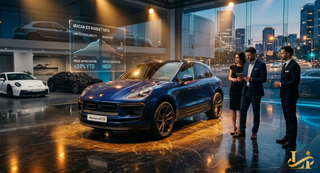 Buyers and dealer discuss a blue Macan GTS in a luxury showroom with “MACAN ICE MARKET DATA” showing limited availability.