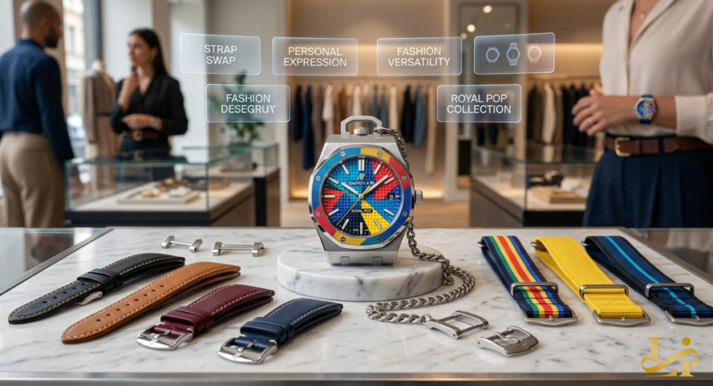 Color-block AP x Swatch Royal Pop pocket watch with blue, red, yellow, and black dial sits on marble with assorted leather and NATO straps.
Holographic tags reading “STRAP SWAP,” “PERSONAL EXPRESSION,” and “ROYAL POP COLLECTION” float in a luxury boutique.