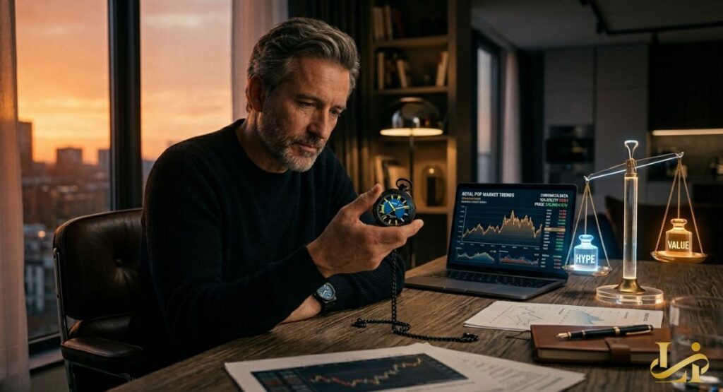 Collector at a desk at sunset examines the pocket watch while a laptop shows “ROYAL POP MARKET TRENDS” and volatile charts.
