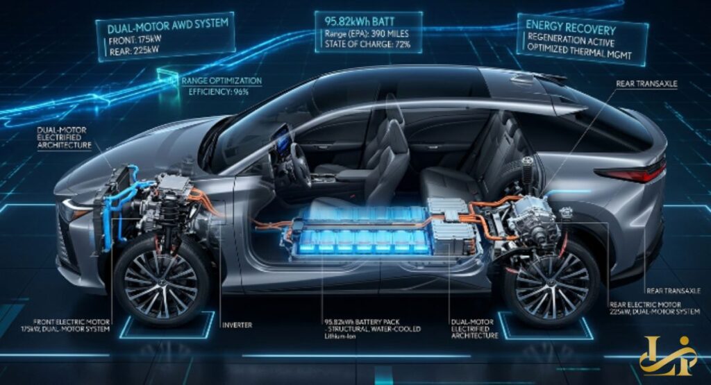 Cutaway view of the electric SUV reveals dual-motor AWD system, 95.82 kWh structural battery, and rear transaxle. Front 175 kW and rear 225 kW motors frame a water-cooled lithium-ion pack with 390-mile EPA range at 72% charge.