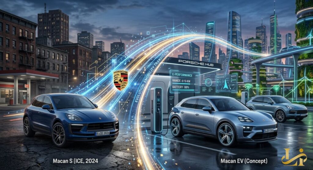 Split scene transitions from a 2024 Macan S at a gas station to the Macan EV at a Porsche Hub charger. Light trails labeled “EVOLUTION: EMOBILITY TRANSITION” arc between the old and new across a futuristic city.