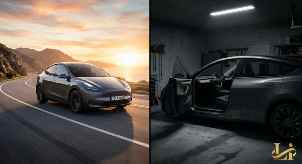 Split view shows gray Model Y on mountain road at sunset and the same SUV parked in garage with doors open.
