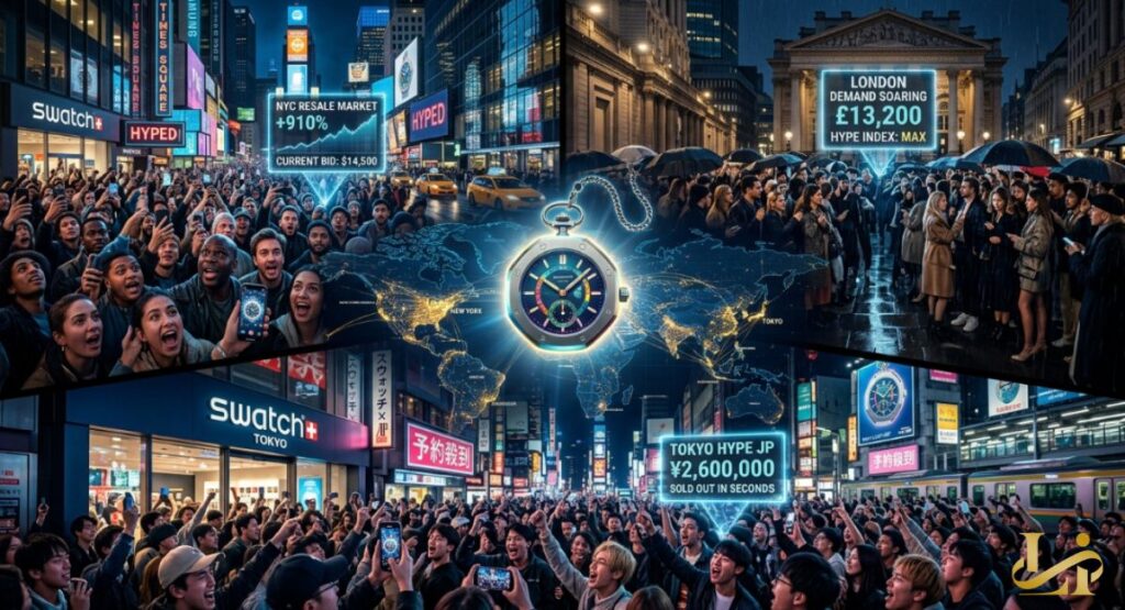 Split-screen shows NYC, London, and Tokyo crowds rushing Swatch stores as resale prices hit $14,500, £13,200, and ¥2,600,000.