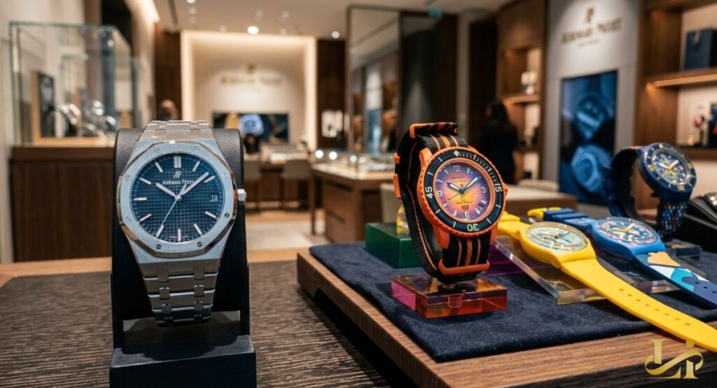 Classic steel Royal Oak displayed next to colorful bioceramic models inside an Audemars Piguet boutique. The lineup shows a steel flagship beside orange, yellow, and blue pieces with graphic dials and straps.