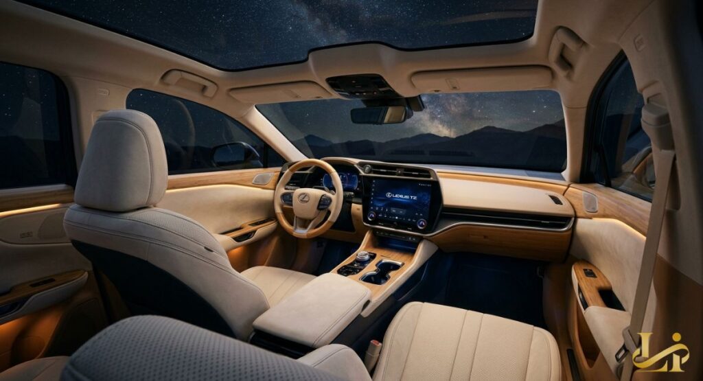 Panoramic glass roof frames a starry night sky above a white leather and wood-trimmed Lexus cabin. Dual screens, yoke-style wheel, and ambient lighting define the “Driving Lounge” with Lexus TZ on the center display.
