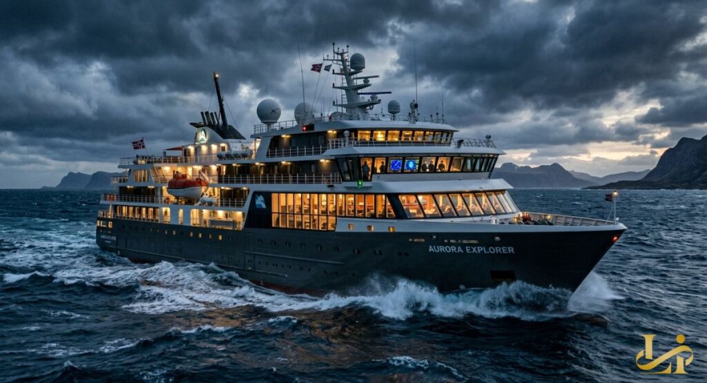 The expedition ship Aurora Explorer powers through dark Arctic seas under storm clouds with warm interior lights.