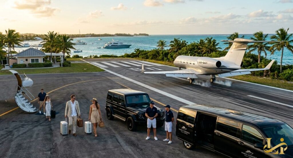 Guests disembark a private jet on the tarmac at Marsh Harbour as crew awaits with luxury SUVs. Superyachts visible in the background anchor offshore while the G650 lands steps from the marina.