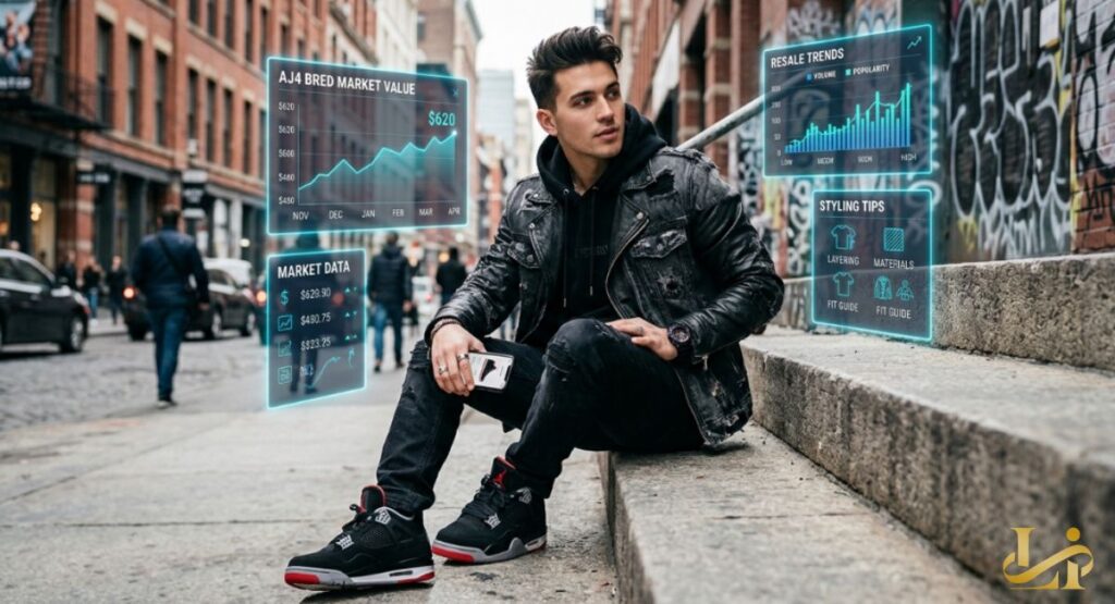 Man in black leather jacket and Bred 4s sits on city steps with holographic resale charts and styling tips floating nearby.