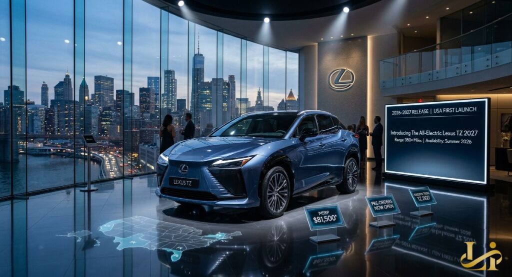 Blue Lexus TZ on a New York showroom floor with MSRP $81,500 sign and “2026–2027 RELEASE | USA FIRST LAUNCH” display. Floor map of the US and “PRE-ORDERS NOW OPEN” signs highlight Summer 2026 availability and 350+ miles range.