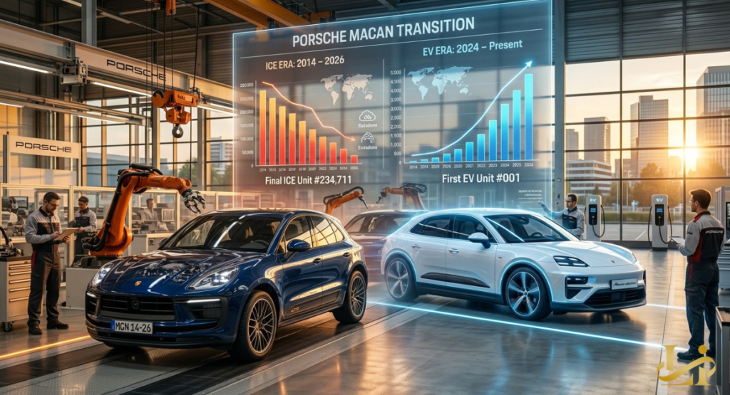 Factory floor shows final ICE Macan #234,711 beside the first EV Macan #001 under “PORSCHE MACAN TRANSITION” data.