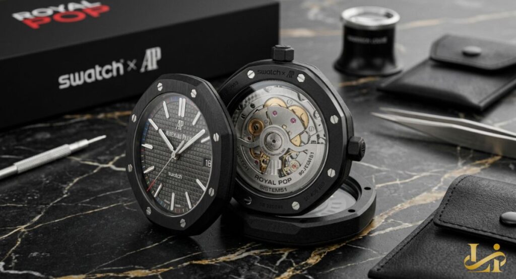 Two black bioceramic Royal Oak-style pocket watches sit on marble with tweezers and a loupe beside co-branded packaging.