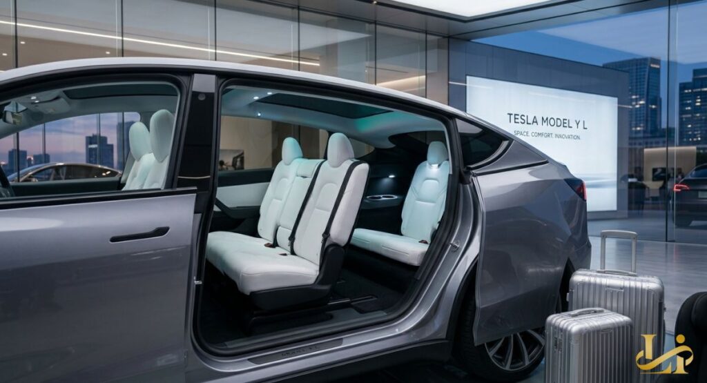 Silver Model Y L in showroom with rear doors open to reveal white three-row seating and panoramic roof. Luggage set beside the vehicle highlights extra cargo space, with “SPACE COMFORT INNOVATION” on display wall.