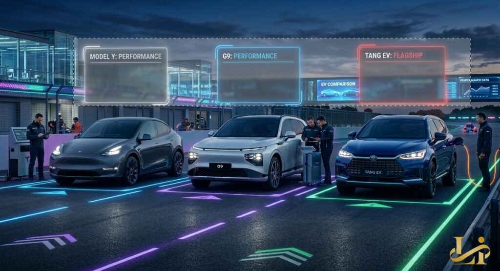 Model Y, XPeng G9, and BYD Tang EV line up on a test track with holographic performance data overhead. Engineers compare charging, range, and acceleration metrics under neon ground lighting at night.