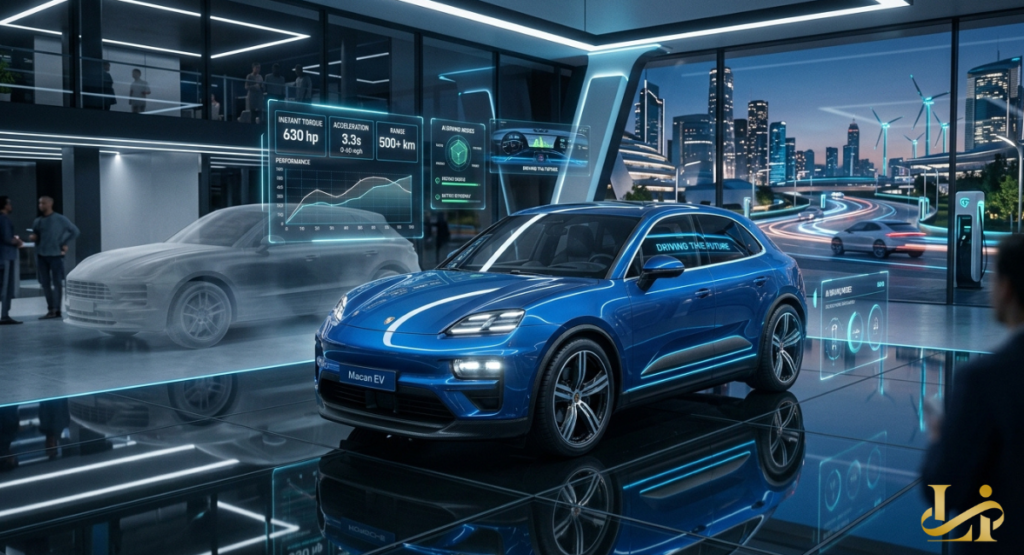 Blue Macan EV on display in a high-tech showroom with holographic specs showing 630 hp, 3.3s 0-60 mph, and 500+ km range. A ghosted gas Macan sits behind it as “DRIVING THE FUTURE” glows on the windshield and city wind turbines spin outside.