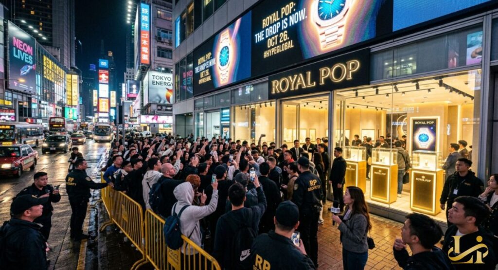 Crowds and security gather outside a “ROYAL POP” boutique in Tokyo at night as billboards announce “THE DROP IS NOW.”