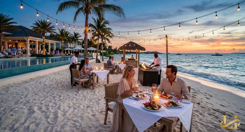 Couples enjoy candlelit lobster dinners on the beach with chefs grilling at sunset near an infinity pool. String lights, palm trees, and live fire cooking frame the shoreline dining experience at a luxury resort.