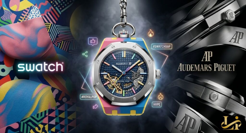 Center stage, a skeletonized pocket watch with pink and blue bioceramic case hangs between Swatch and Audemars Piguet logos.