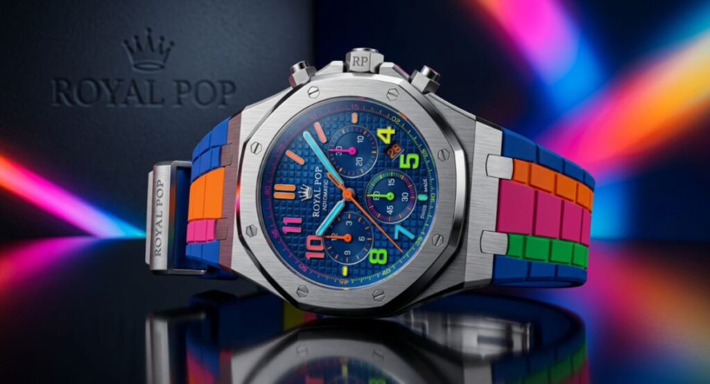 Studio shot of the Royal Pop chronograph with rainbow block strap, blue tapisserie dial, and neon numerals. “RP” pusher and crown logo sit above a brushed steel case reflecting pink and cyan light beams.