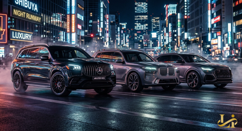 Three premium luxury SUVs sit parked side-by-side on a wet city street illuminated by vibrant neon district signs at night. A black Mercedes-AMG model commands the foreground, flanked by a silver BMW and a dark grey Audi SUV.