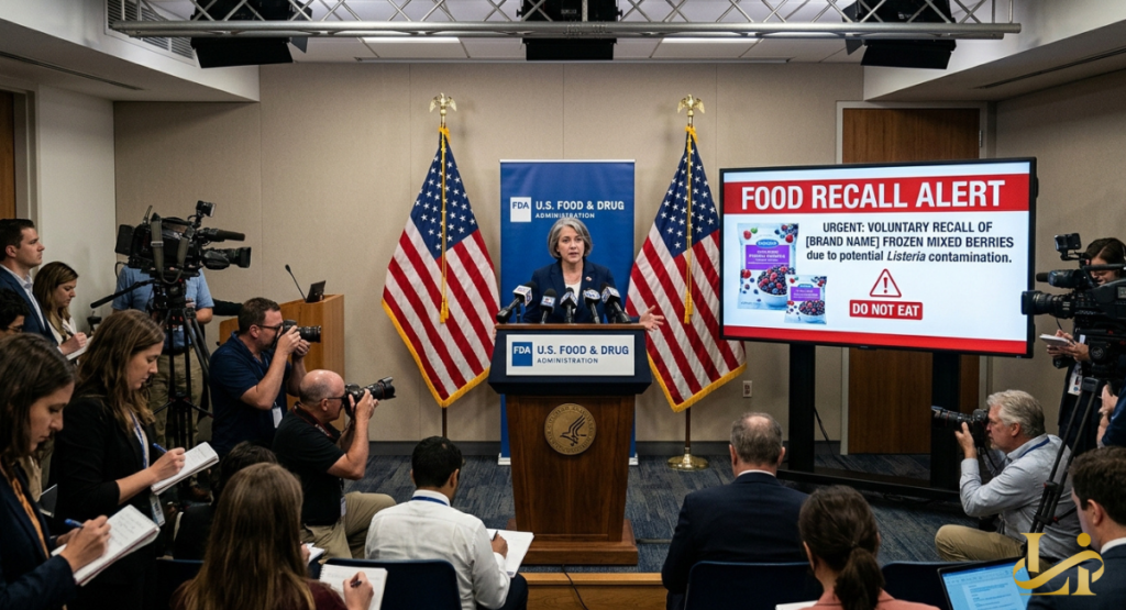 An FDA official addresses media at a podium backed by American flags during a food safety broadcast. A large digital monitor displays a frozen Food Recall Alert for mixed berries.