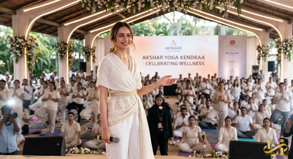 Actress Rakul Preet Singh stands smiling in elegant white attire on a stage holding a microphone before a large indoor gathering. An audience dressed in matching white clothing sits cross-legged on yoga mats beneath a beautifully decorated wooden pavilion roof.