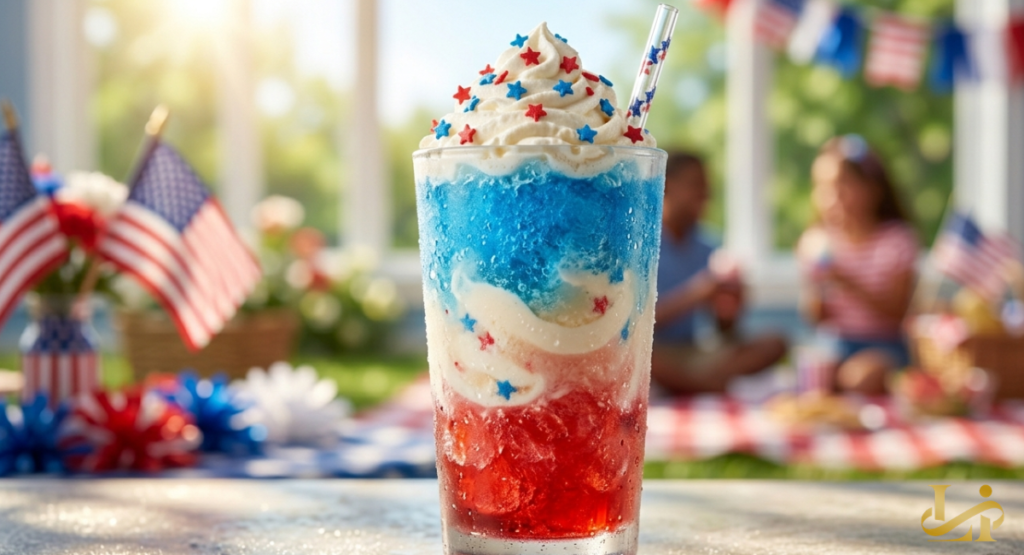 A tall glass holds a vibrant frozen beverage layered with distinct sections of red, white, and blue slush. The treat is crowned with a high swirl of whipped cream and tiny star-shaped sprinkles.