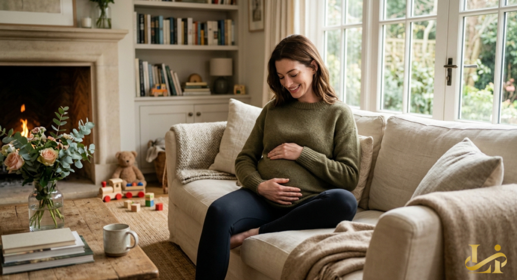 A smiling expectant mother sitting cross-legged on a comfortable white living room sofa. She wears a green knit sweater and cradles her baby bump near a warm fireplace.